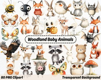Boho Woodland Animals PNG Bundle, Baby Forest Nursery Clipart, Watercolor Woodland Baby Shower, Cute Forest Animal Decor