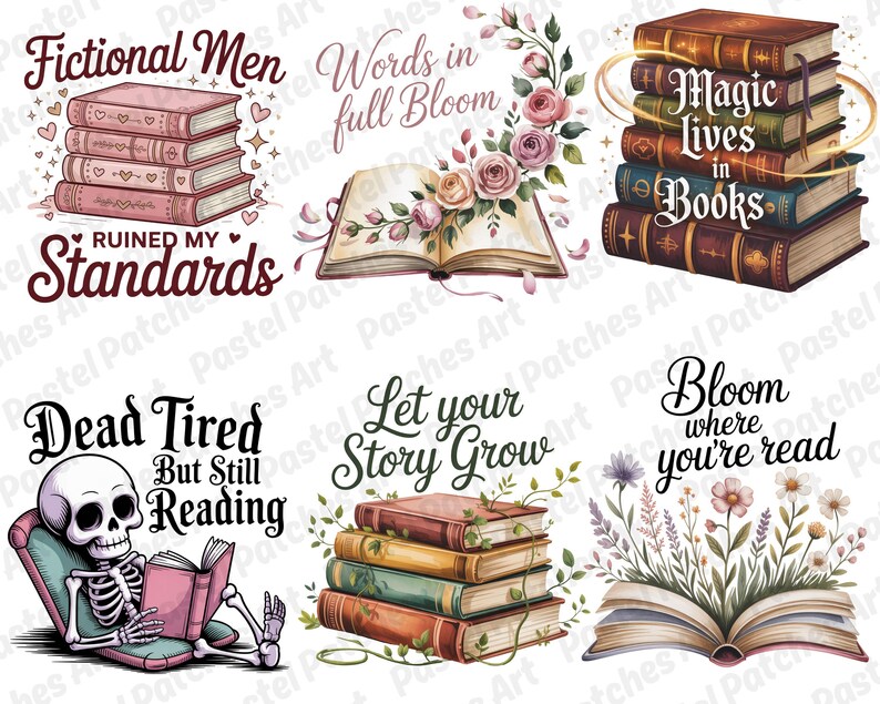 May include: A collection of watercolor illustrations featuring books and literary quotes. Designs include stacks of books with phrases like "Magic Lives in Books" and "Fictional Men Ruined My Standards." Other designs show open books with floral arrangements.