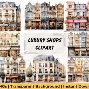 Luxury Shops Clipart I Watercolor Shop Clipart I Fashion Boutique Clipart I City Street Shopping Centre Illustrations I Front Of The Store