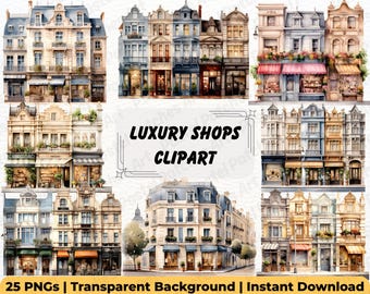 Luxusläden Clipart I Aquarell Laden Clipart I Mode-Boutique Clipart I City Street Shopping Shopping Center Illustrationen I Vor dem Laden
