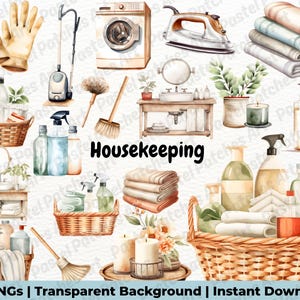 Housekeeping Clipart, Watercolor Cleaning Supplies, Cleaning Service PNG, Neutral Spring Cleaning, Fresh House Clip Art, Instant Download