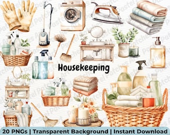 May include: Watercolor illustrations of housekeeping items, including a washing machine, iron, cleaning supplies, towels, and baskets. The image includes the text "Housekeeping" and "20 PNGs | Transparent Background | Instant Download".