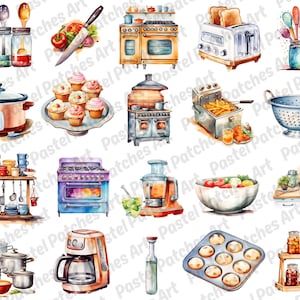 May include: Watercolor illustration of various kitchen items, including a stove, toaster, pots, pans, and utensils. The image features a variety of colors and styles, with a focus on cooking and baking.