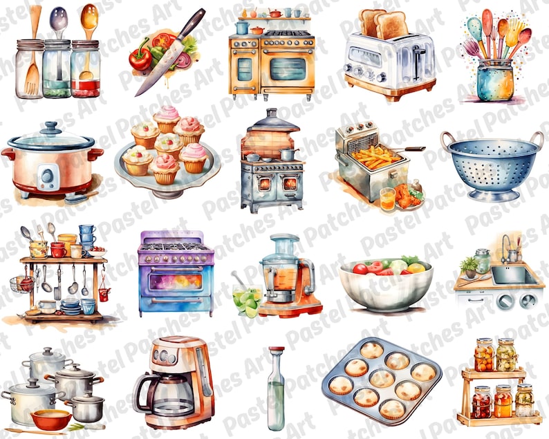 May include: Watercolor illustration of various kitchen items, including a stove, toaster, pots, pans, and utensils. The image features a variety of colors and styles, with a focus on cooking and baking.