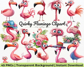 Quirky Pink Flamingo Clip Art | Watercolor Birds Digital Download | Funny Transparent PNG | Junk Journal, Scrapbook & Commercial Use