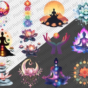 May include: A collection of watercolor illustrations featuring yoga and meditation themes. The images include lotus flowers, silhouettes of people meditating, and celestial elements like moons and stars. The color palette is vibrant, with shades of purple, pink, and blue.