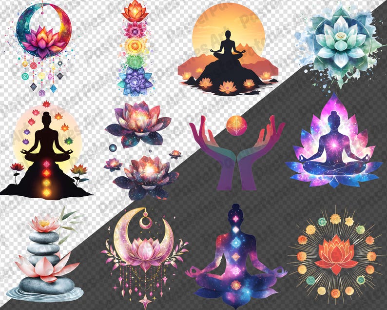 May include: A collection of watercolor illustrations featuring yoga and meditation themes. The images include lotus flowers, silhouettes of people meditating, and celestial elements like moons and stars. The color palette is vibrant, with shades of purple, pink, and blue.