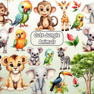 Imágenes prediseñadas de animales de la selva, baby shower de acuarela, animales de safari PNG, león, decoración de guardería de la selva, tigre, jirafa, arte de animales lindos