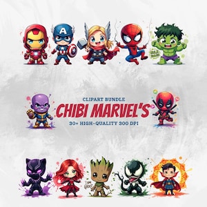 May include: A digital art bundle featuring chibi-style Marvel characters. The image showcases Iron Man, Captain America, Thor, Spider-Man, Hulk, Thanos, Deadpool, Black Panther, Scarlet Witch, Groot, Venom, and Doctor Strange. Text reads "Chibi Marvel's" and "30+ High-Quality 300 DPI".