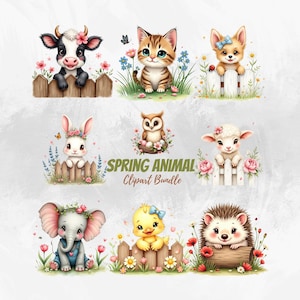 Puede incluir: Ilustraciones en acuarela de adorables animales de primavera, incluyendo una vaca, gato, perro, conejo, búho, cordero, elefante, pollito y erizo. Cada animal está adornado con flores y situado frente a una valla. También se incluye el texto "SPRING ANIMAL Clipart Bundle".