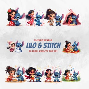 Lilo and Stitch Clipart Bundle PNG, Cute Stitch Angel Watercolor Art, Disney Lilo Stitch Sublimation Shirt Designs, Cartoon Instant Download