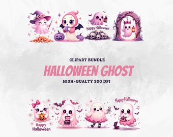 May include: A collection of cute, cartoon-style Halloween ghost illustrations. The ghosts are in various poses, some holding lanterns, pumpkins, or wearing witch hats. The text "CLIPART BUNDLE HALLOWEEN GHOST HIGH-QUALTY 300 DPI" is displayed.