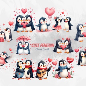 Könnte beinhalten: Eine Sammlung von Aquarellillustrationen mit niedlichen Pinguinen in verschiedenen romantischen Posen. Pinguine halten herzförmige Ballons, umarmen sich und tauschen Geschenke aus. Der Text "Cute Penguin Clipart Bundle" ist ebenfalls zu sehen.