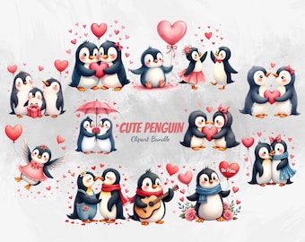 Watercolor Penguin Valentine Clipart PNG | Whimsical Cute Penguins Love Bundle | Hearts Balloons Roses | Sublimation PNG