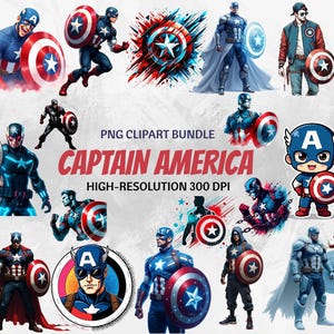 以下が含まれることがあります： キャプテンアメリカの画像のデジタルクリップアートバンドル。バンドルには、カートゥーンバージョン、スーパーヒーローバージョン、より現実的なバージョンなど、キャプテンアメリカのさまざまなポーズが含まれています。画像はすべて高解像度で、デジタルプロジェクトでの使用に最適です。
