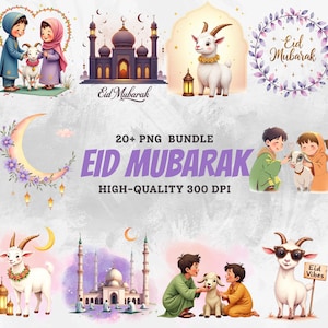 May include: A set of 20+ digital illustrations for Eid Mubarak, featuring a mosque, crescent moons, lanterns, goats, and children. The illustrations are in a cartoon style and are perfect for creating cards, invitations, or social media posts.