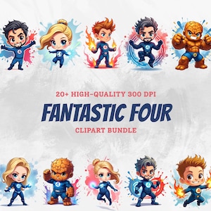 May include: A digital art print featuring the Fantastic Four characters in a chibi style. Each character is depicted in a dynamic pose with colorful splash effects. The text "FANTASTIC FOUR CLIPART BUNDLE" is displayed below the characters.