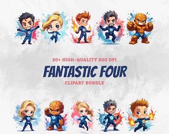 Fantastische Vier PNG-Bundle, Marvel Superhero Chibi Clipart, Fantastische 4 erste Schritte png, Cuatro Fantastos SVG, MCU Digital Download-Dateien