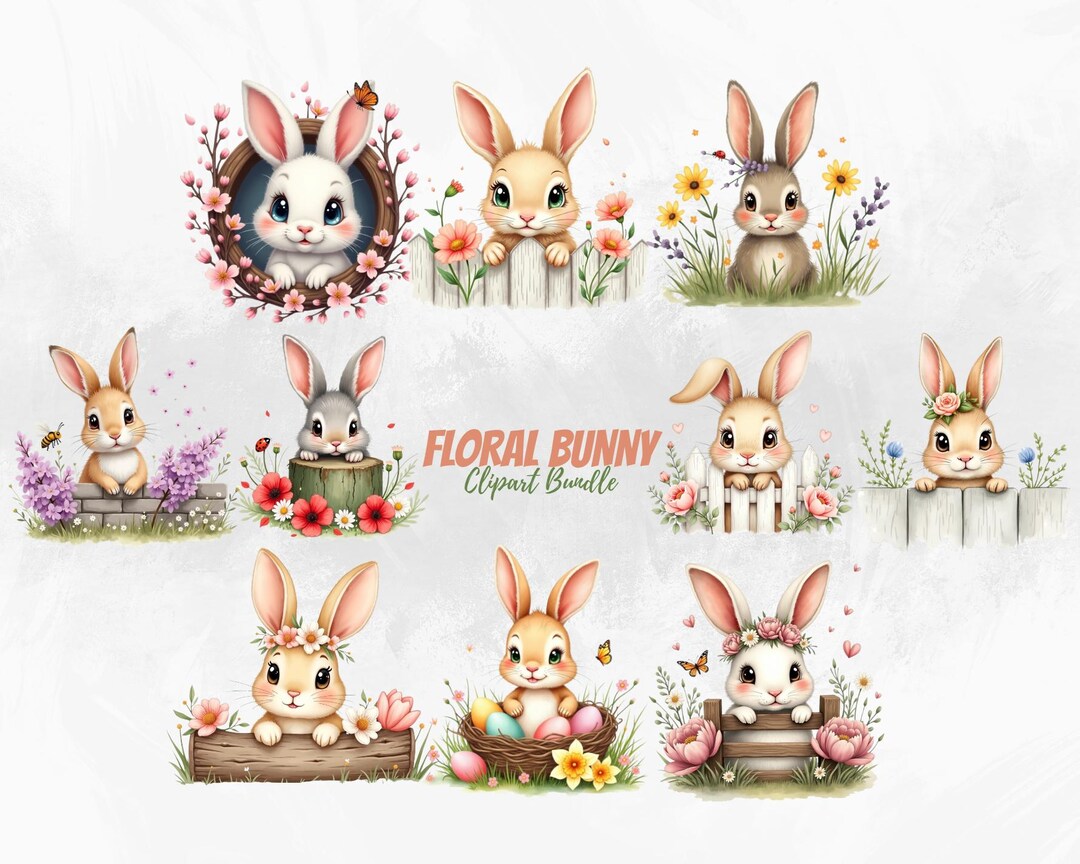 Spring Bunny Clipart: Watercolor Floral Easter Rabbits PNG Bundle ...