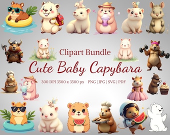 Kawaii Capivara PNG Bundle - Cute Baby Capivara SVG Clipart, Adesivos, Download Digital para Cricut e Sublimação