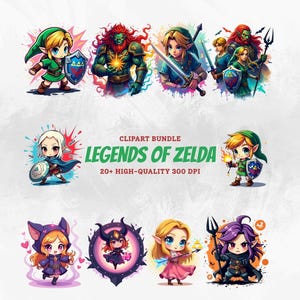 Könnte beinhalten: Eine Sammlung farbenfroher digitaler Illustrationen mit Charakteren aus der "Legends of Zelda"-Serie. Die Bilder zeigen verschiedene Charaktere mit Schwertern, Schilden und anderen ikonischen Gegenständen. Der Text "Legends of Zelda" ist ebenfalls sichtbar.