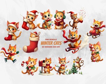 Winter Cats PNG Bundle: Christmas Cat Clipart Collection, Festive Holiday Kitten Illustrations, Santa Cats Digital Download (20 PNGs)