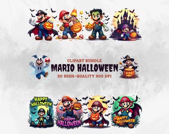 Mario Halloween PNG-Bundle | Gruselige Super Mario Clipart | Retro Herbst Sublimation PNG | Spielcharakter Halloween-Shirt-Design