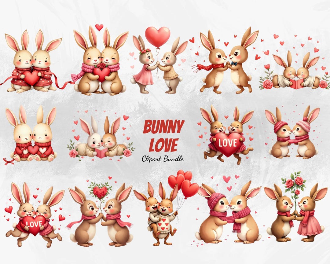 Valentine Bunny Couple Clipart | Whimsical Love Rabbits PNG Bundle ...