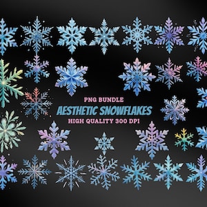 May include: A collection of watercolor snowflakes in various shades of blue, purple, and pink, arranged on a black background. The image includes the text "PNG BUNDLE AESTHETIC SNOWFLAKES HIGH QUALITY 300 DPI".