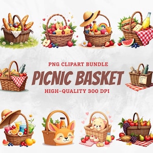 Watercolor Picnic Basket Clipart Bundle, Picnic Basket PNG, Picnic Clipart Bundle, Summer Picnic Art, Picnic Images, Picnic illustration