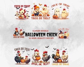 Zestaw PNG „Kurczak albo psikus” | Zabawny jesienny clipart z kurczakiem na Halloween | Uroczy, upiorny wzór sublimacji ze zwierzętami gospodarskimi na koszulki i artykuły plastyczne dla dzieci