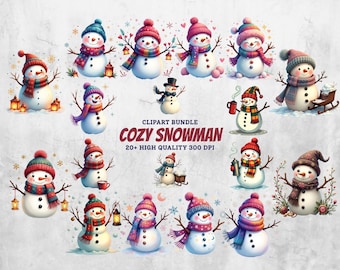 Snowman PNG Bundle, 20+ Watercolor Christmas Snowman Cliparts, Cute Winter Sublimation Art, Holiday Rustic Designs, Digital Download Set