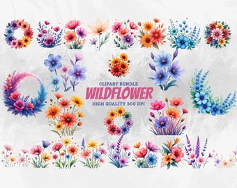 Watercolor Wildflower PNG Set, Cottagecore Botanical Flower Clipart, Boho Garden Stems & Bouquets, Aesthetic Floral PNGs for Crafts Download