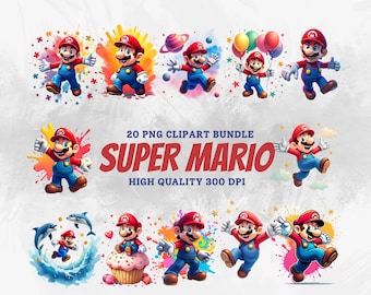 Pakiet Super Mario PNG, uroczy zestaw clipartów dla graczy, cyfrowa sztuka Mario Brothers, dekoracje na imprezę z kreskówek, wzory sublimacyjne, natychmiastowe pobieranie