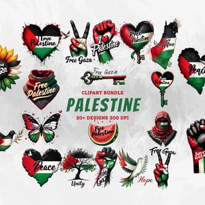 Puede incluir: Un paquete de imágenes prediseñadas digitales con diseños en los colores de la bandera palestina. Los diseños incluyen corazones, palomas, manos, llaves y mariposas, con textos como "Free Gaza", "Peace" y "Love Palestine". La palabra "Palestine" se muestra de forma destacada.
