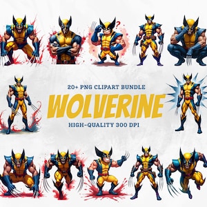 May include: A collection of Wolverine PNG clipart images in various action poses. The superhero is depicted in his classic yellow and blue costume, with his signature claws extended. The text "WOLVERINE" is displayed in large, yellow letters.