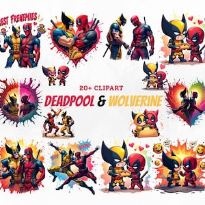 May include: A collection of digital clipart featuring Deadpool and Wolverine in various action poses and affectionate scenes. The images showcase the characters in their signature costumes, with vibrant colors and dynamic compositions. Text reads "20+ Clipart Deadpool & Wolverine."