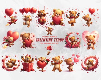 Watercolor Valentine Teddy Bear Pngs | Cute Love Bear Clipart Bundle ...