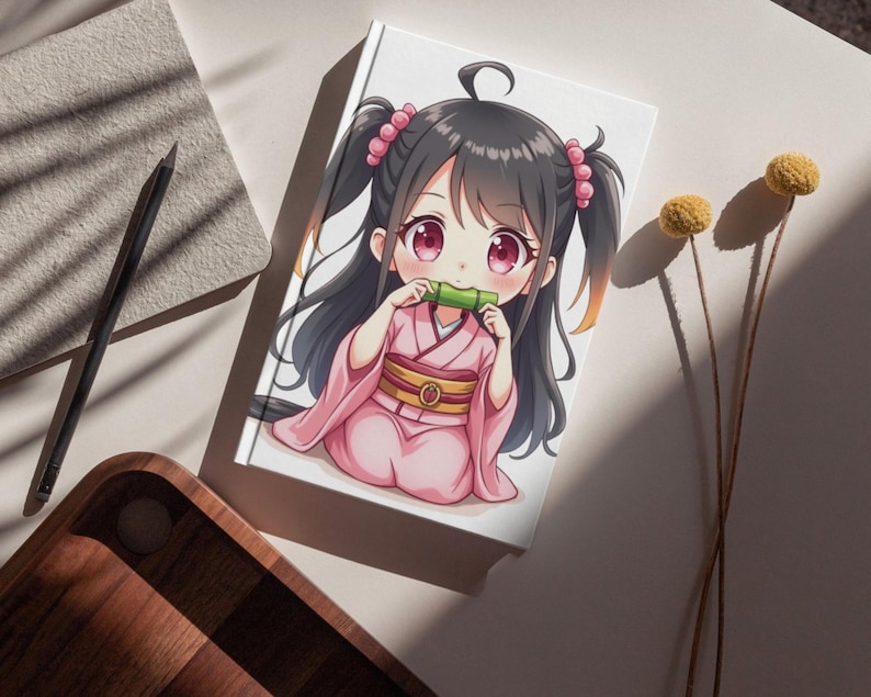K&ouml;nnte beinhalten: Ein wei&szlig;es Notizbuch mit einer Anime-Illustration eines M&auml;dchens in einem rosa Kimono, das ein Bambusrohr h&auml;lt. Das M&auml;dchen hat schwarze Haare, rosa Augen und sitzt. Das Notizbuch liegt auf einer wei&szlig;en Oberfl&auml;che mit einem Bleistift und einem Holztablett.