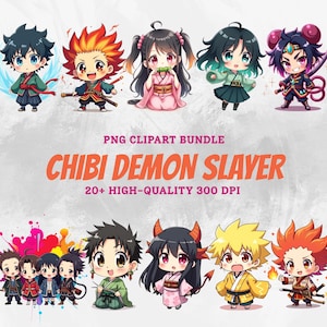 K&ouml;nnte beinhalten: Eine digitale Illustration mit Chibi-Charakteren aus Demon Slayer. Der Text "PNG Clipart Bundle" und "Chibi Demon Slayer" in Orange sowie "20+ High-Quality 300 DPI" sind enthalten.