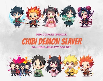 Anime Demon Hunter Chibi Clipart Bundle, niedlicher Schwertkämpfer PNG, Fire Water Lightning Style Charaktere, hochwertiges Digital Art Set