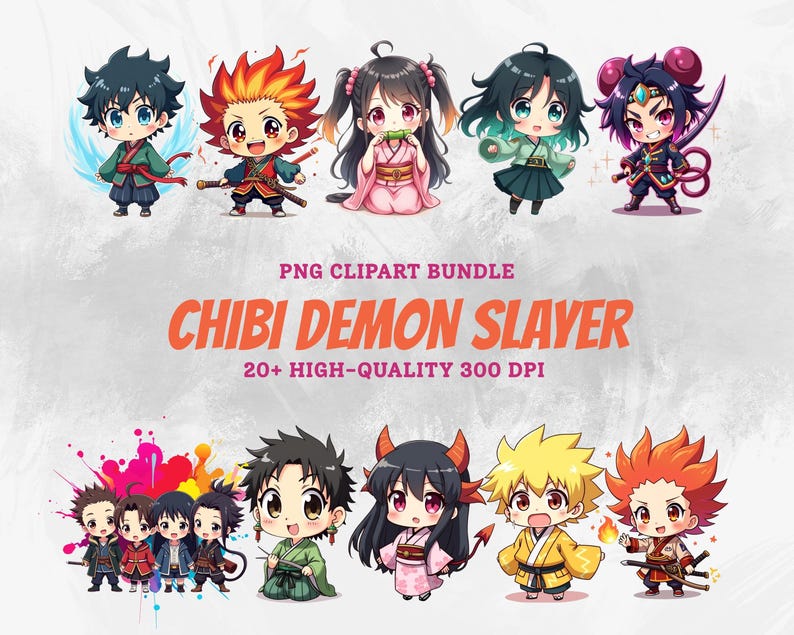 K&ouml;nnte beinhalten: Eine digitale Illustration mit Chibi-Charakteren aus Demon Slayer. Der Text "PNG Clipart Bundle" und "Chibi Demon Slayer" in Orange sowie "20+ High-Quality 300 DPI" sind enthalten.