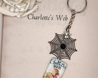 Charlotte's Web Book Cover Keychain: Handcrafted Resin Charm, Spider Accent