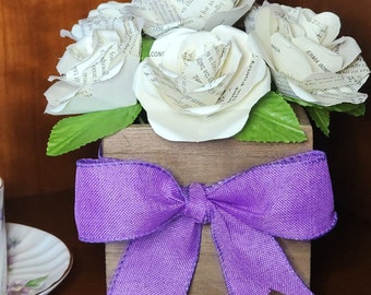 Book Page Paper Flower Bouquet: Handmade Roses in Wood Vase