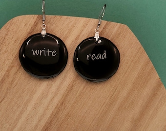 Read Write Earrings: Black & White Resin Beads, Gift for Writers or Teacher Appreciation