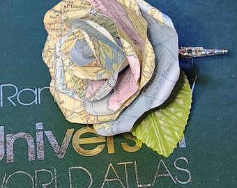 Map Rose Corsage: Atlas Page Flower Pin in Silver Vase