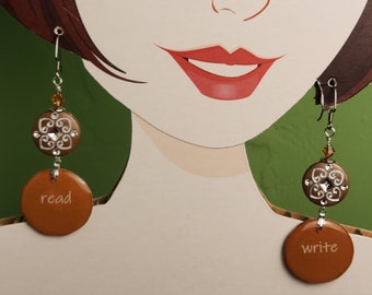 Read and Write Earrings: Tan Resin Beads, Gift for Writer or Teacher