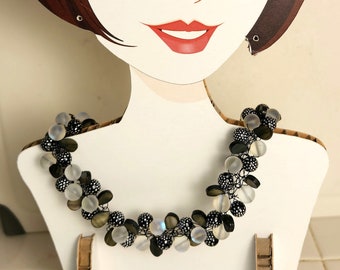 Black & White Beaded Statement Necklace with Silver Floral Toggle Unique Mother's Day Gift