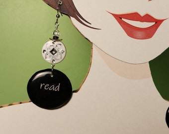 Handcrafted Reader Earrings: Black, White Resin Beads, Sterling Silver
