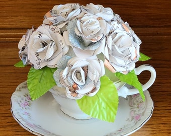 Book Page Rose Bouquet in Teacup: Upcycled Vintage China